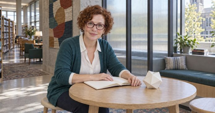 Woman with short auburn curls and burgundy glasses beside an open notebook and folded paper model in a library.