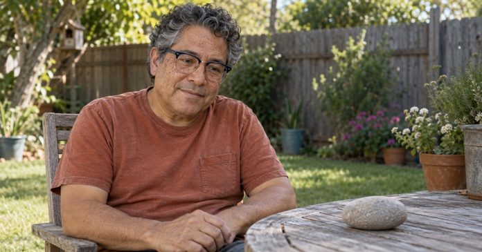 Man seated beside a smooth stone on a weathered table in an ordinary backyard.