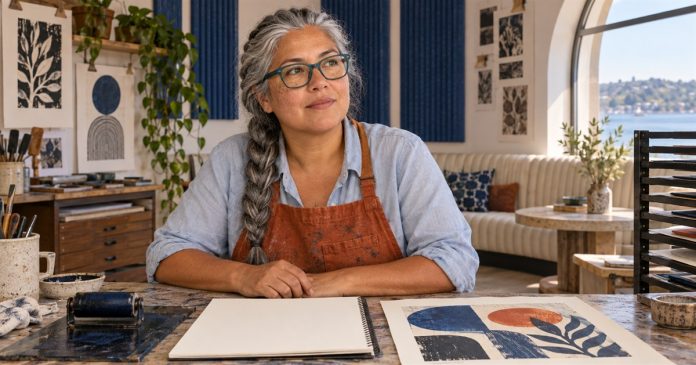 Imagination and printmaking in a studio — ClairvoyancePsychics 2202 Woman with a silver braid and teal glasses seated beside a sketchbook and abstract print in a studio.