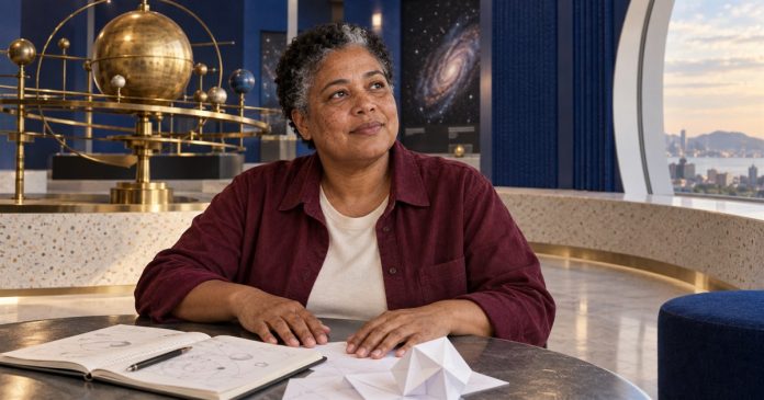 Imagination options in an astronomy gallery — ClairvoyancePsychics 2208 Adult in a burgundy overshirt seated with a notebook and folded paper model in an astronomy gallery.