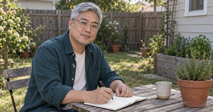 2227 Psychic Reflection Backyard Man with short silver hair writing in a notebook at a simple table in an ordinary backyard