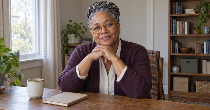 Woman with silver braids seated with a notebook at a modest home-office desk.