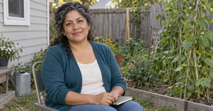 Woman with a notebook seated beside a small vegetable bed in an ordinary backyard.