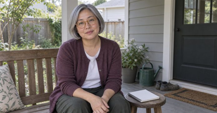 Adult seated with a notebook nearby on a simple wooden bench on a modest home porch.