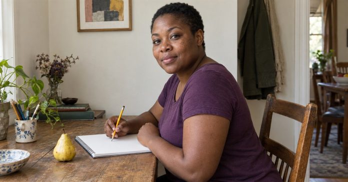 Woman with a sketch pad and pear seated at a worn wooden desk in her home.
