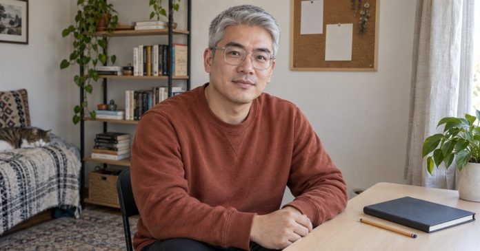 A Reflective Pause in a Modest Home Office Man seated at a simple home desk with a notebook, books and a resting cat nearby.