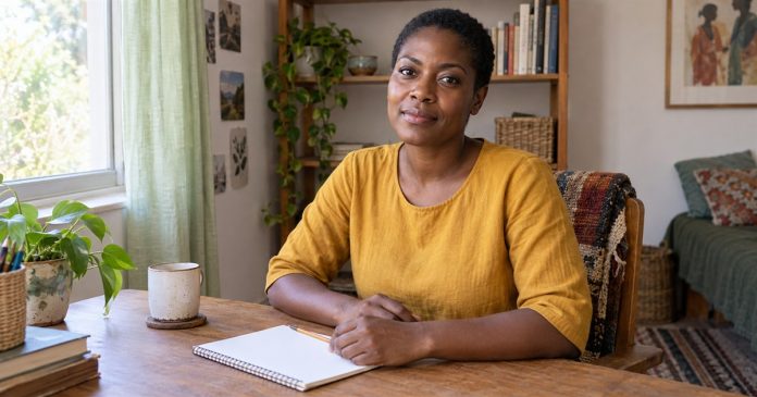 Woman with a notebook and pencil at a simple desk in a modest home room.