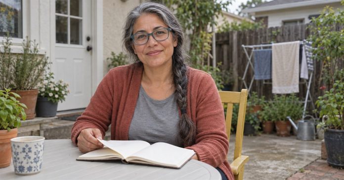 Personal Reflection on an Everyday Home Patio Woman with a silver braid and notebook seated at a simple table on a home patio.