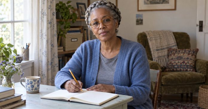 Dream Notes in a Modest Home Office Woman with silver braids writing in a notebook at a small home desk near a window.