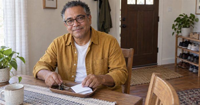 Man arranging keys and papers on a simple home table near a clear entryway.