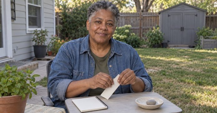 Adult folding a paper bookmark at a simple craft table in an ordinary backyard.
