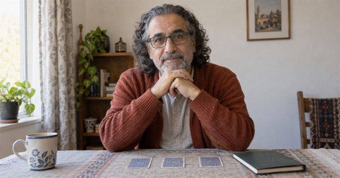 Man seated at a home table with three face-down cards, a notebook and a ceramic mug