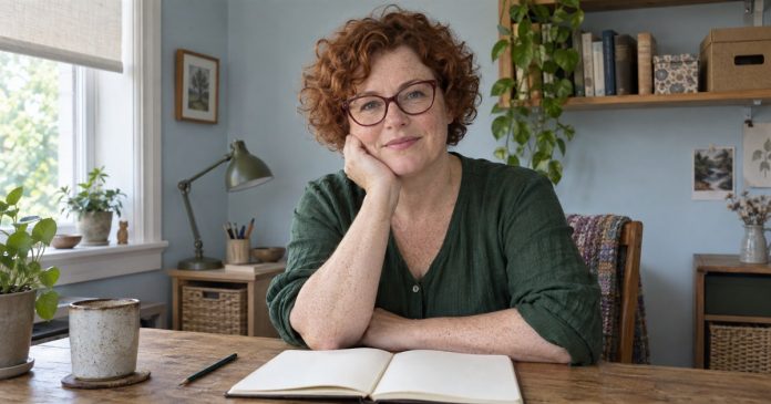 Woman with auburn curls and glasses seated at a home desk with an open notebook