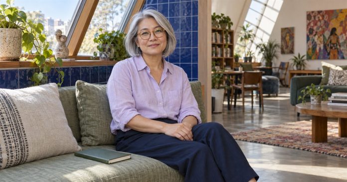 Woman resting on a sage window seat with a closed journal set aside.