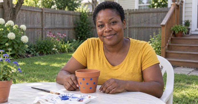 Woman at a simple backyard table beside a flowerpot decorated with blue dots and craft supplies