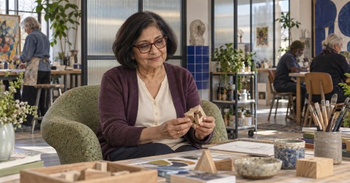 Observation and imagination in an art workshop Woman observing a wooden geometric model in a community art workshop