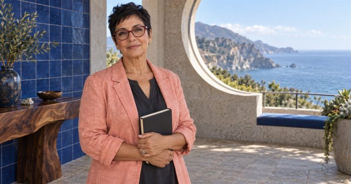 Woman holding a notebook beside a console on a coastal terrace.
