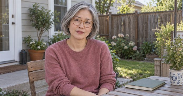 Woman with a silver bob and glasses sitting on a home patio beside a notebook