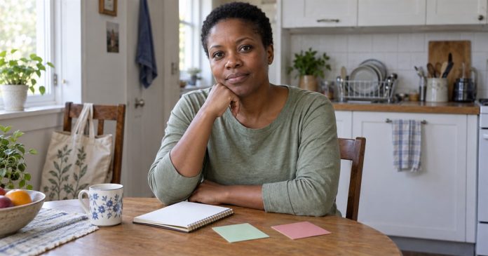 Everyday Reflection at a Home Kitchen Table Adult reflecting with a notebook at a simple kitchen table in an ordinary home.