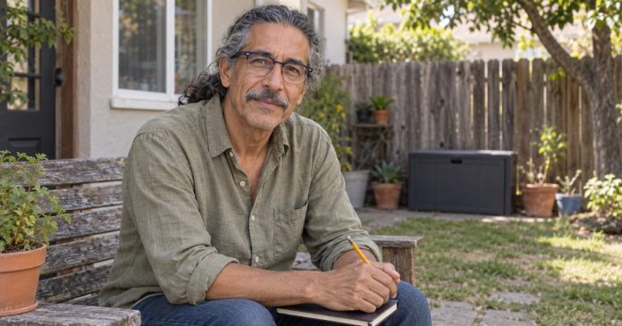 Man with a notebook seated on a weathered bench in a modest backyard.