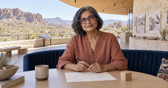 Geometry and intention at a desert drawing table Woman with burgundy glasses drawing simple shapes beside a wooden cube at a desert nature centre.