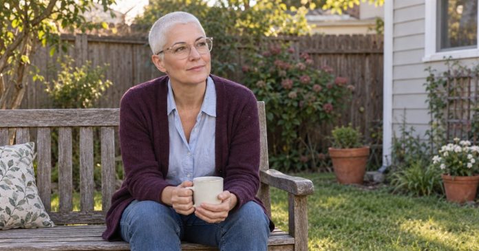 Woman with a white buzz cut sitting thoughtfully on a simple wooden bench in an ordinary backyard