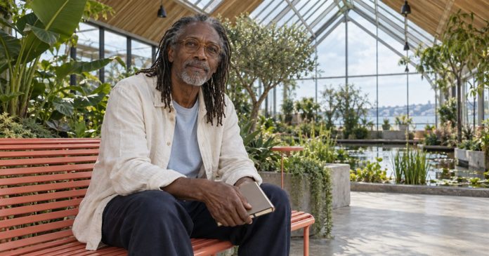 Clairsentience reflection on a greenhouse bench Man with salt-and-pepper locs and amber glasses holding a notebook on a coral bench in a greenhouse.