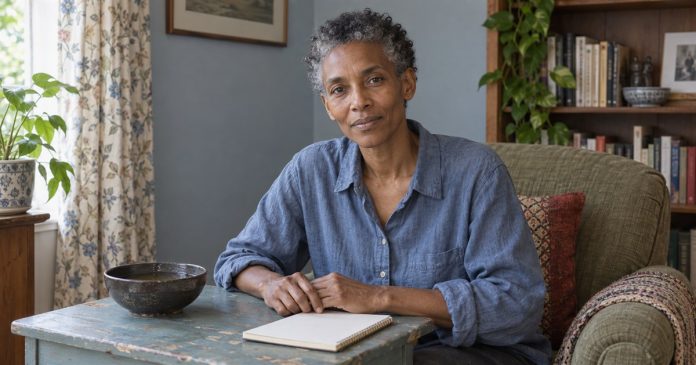 Adult beside a plain water bowl and notebook at a worn side table in a modest home sitting room.