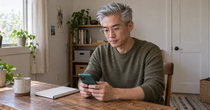 Man checking a smartphone beside a notebook at a simple home desk.