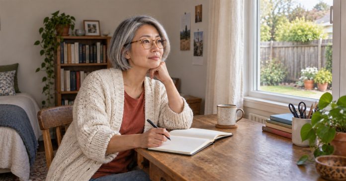 Woman with a silver bob reflecting beside a blank journal at a simple home desk overlooking a backyard