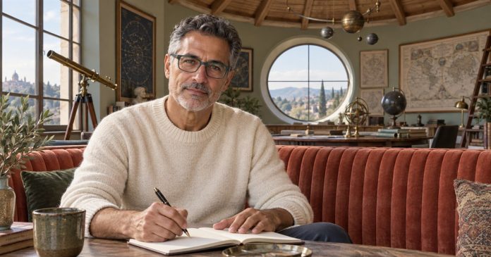 Man pausing over a notebook in a sunlit observatory map room