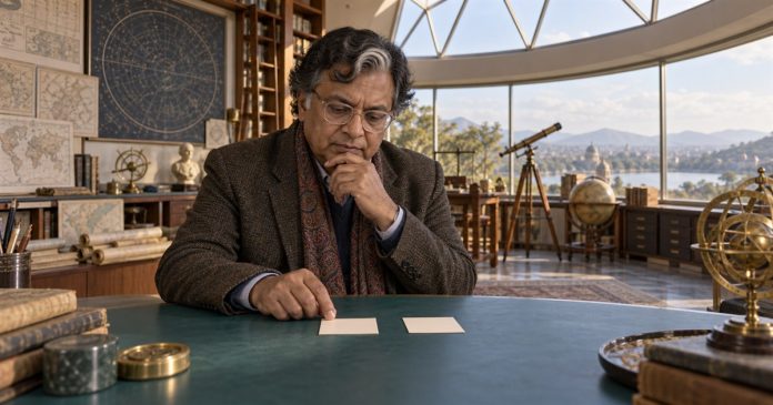 Careful observation in a map room Man with silver-streaked hair and glasses considering two cards at a teal table
