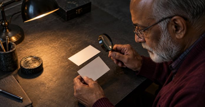 Older man examining cards under a desk lamp
