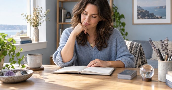 Woman reviewing a notebook beside cards and a glass sphere