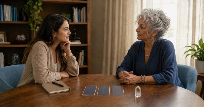 AI-created editorial illustration; corrected natural screen and reading-material orientation. Two adult women, a curious younger client with brown hair and an older reader with silver curls, talking comfortably across a walnut consultation table
