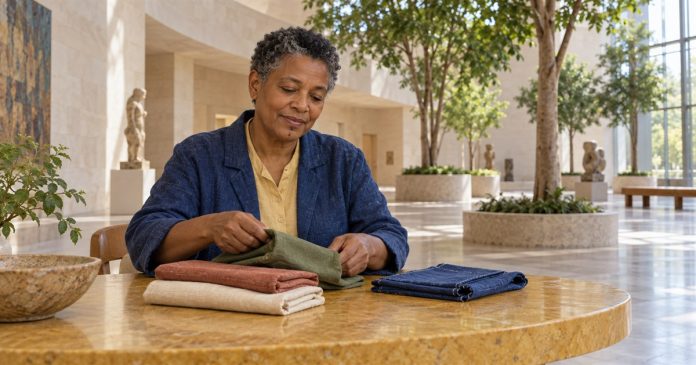 An adult folding fabric at a mustard stone table in a bright gallery.