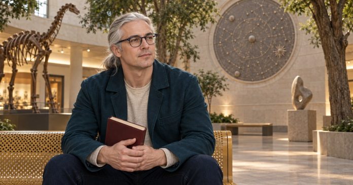 Silver-haired man holding a closed book on a mustard bench in a natural history gallery.