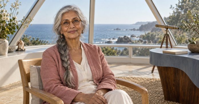 Woman with a silver braid and amber glasses resting in a chair beside a closed book on a coastal terrace.