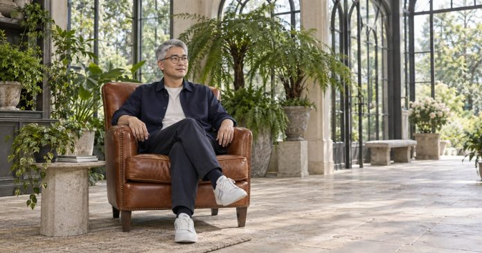 Man with silver hair and glasses seated in a conservatory, looking around the room