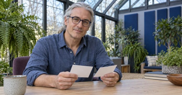 Man with silver hair and navy glasses reviewing two note cards in a bright winter garden
