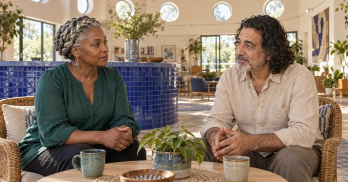 Two adults seated apart in a bright lounge, having a calm conversation.