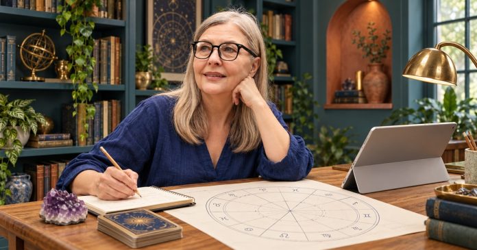 A silver-haired woman with black glasses writing beside a paper astrology wheel, tablet, tarot deck and amethyst.